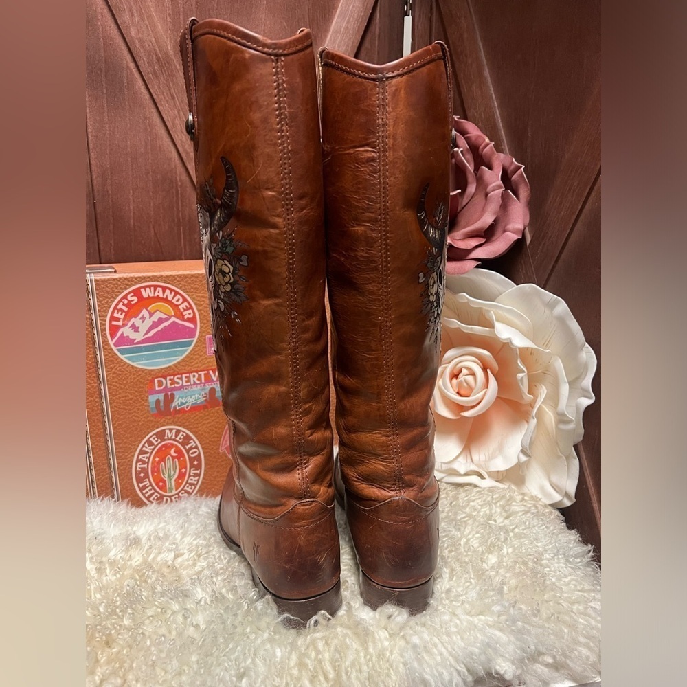 Frye Women's Custom Painted Leather Riding Boots Brown Size 7 - Picture 6 of 7